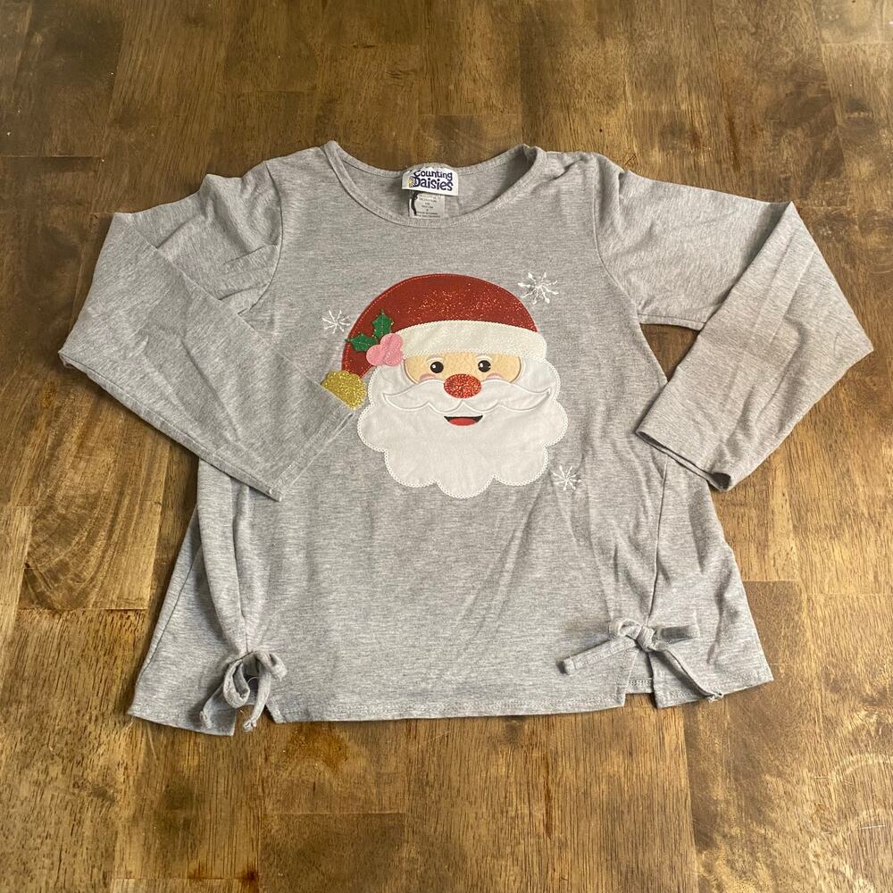 Counting Daisies gray long‎ sleeve Christmas Santa embroidered shirt SIZE 8